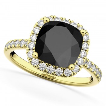Cushion Cut Halo Black Onyx & Diamond Engagement Ring 14k Yellow Gold (3.11ct)