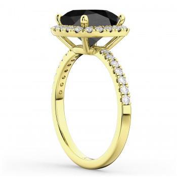 Cushion Cut Halo Black Onyx & Diamond Engagement Ring 14k Yellow Gold (3.11ct)