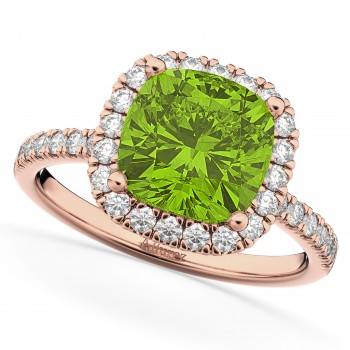Cushion Cut Halo Peridot & Diamond Engagement Ring 14k Rose Gold (3.11ct)