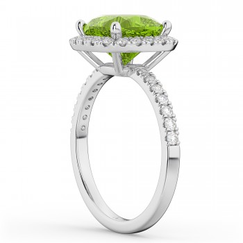 Cushion Cut Halo Peridot & Diamond Engagement Ring 14k White Gold (3.11ct)