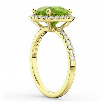 Cushion Cut Halo Peridot & Diamond Engagement Ring 14k Yellow Gold (3.11ct)