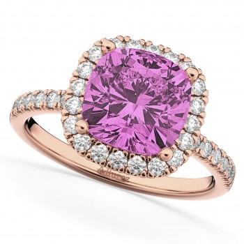 Cushion Cut Halo Lab Pink Sapphire & Lab Diamond Engagement Ring 14k Rose Gold (3.11ct)