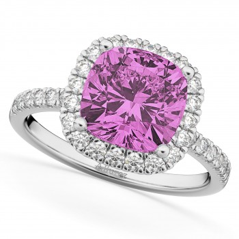 Cushion Cut Halo Lab Pink Sapphire & Lab Diamond Engagement Ring 14k White Gold (3.11ct)