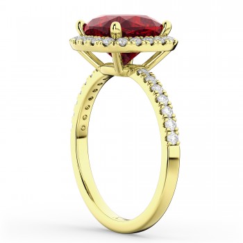 Cushion Cut Halo Ruby & Diamond Engagement Ring 14k Yellow Gold (3.11ct)