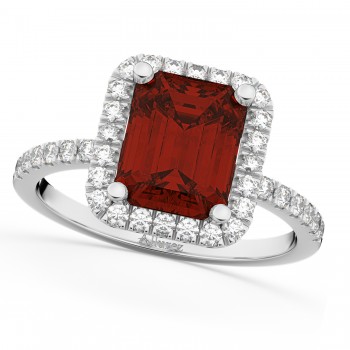 Emerald-Cut Garnet & Diamond Engagement Ring 14k White Gold (3.32ct)