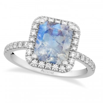 Emerald-Cut Lab Moonstone & Diamond Engagement Ring 14k White Gold (3.32ct)