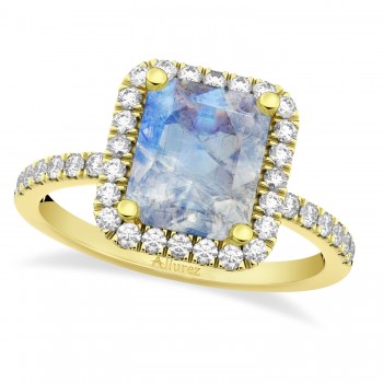 Emerald-Cut Moonstone & Diamond Engagement Ring 14k Yellow Gold (3.32ct)