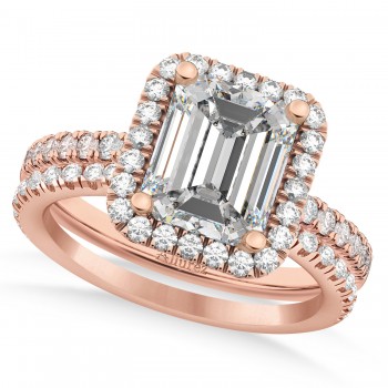 Diamond Emerald-Cut Halo Bridal Set 14k Rose Gold (3.59ct)