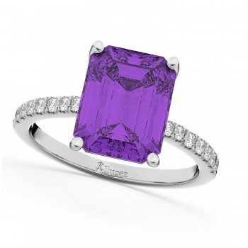 Emerald Cut Amethyst & Diamond Engagement Ring 14k White Gold (2.96ct)