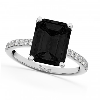 Emerald Cut Black Diamond & Diamond Engagement Ring 14k White Gold (2.96ct)