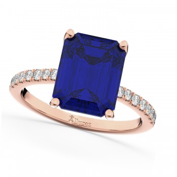 Emerald Cut Blue Sapphire & Diamond Engagement Ring 14k Rose Gold (2.96ct)