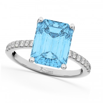 Emerald Cut Blue Topaz & Diamond Engagement Ring 14k White Gold (2.96ct)