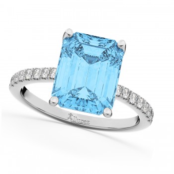 Emerald Cut Blue Topaz & Diamond Engagement Ring 18k White Gold (2.96ct)