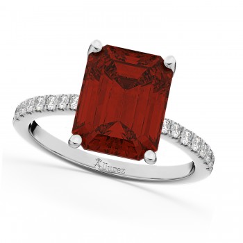 Emerald-Cut Garnet & Diamond Engagement Ring 14k White Gold (2.96ct)