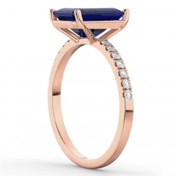 Emerald Cut Lab Blue Sapphire & Diamond Engagement Ring 14k Rose Gold (2.96ct)