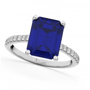 Emerald Cut Lab Blue Sapphire & Diamond Engagement Ring 14k White Gold (2.96ct)