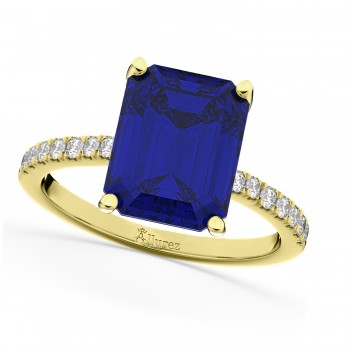 Emerald Cut Lab Blue Sapphire & Diamond Engagement Ring 14k Yellow Gold (2.96ct)