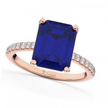Emerald Cut Lab Blue Sapphire Diamond Engagement Ring 18k Rose Gold (2.96ct)