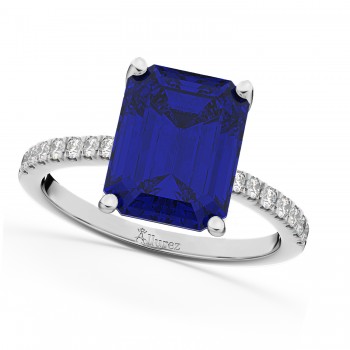 Emerald Cut Lab Blue Sapphire & Diamond Engagement Ring 18k White Gold (2.96ct)