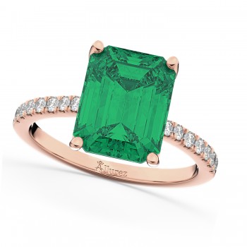 Emerald Cut Lab Emerald & Diamond Engagement Ring 14k Rose Gold (2.96ct)