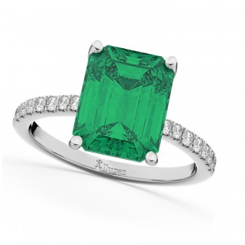 Emerald Cut Lab Emerald & Diamond Engagement Ring 18k White Gold (2.96ct)