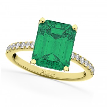 Emerald Cut Lab Emerald & Diamond Engagement Ring 18k Yellow Gold (2.96ct)