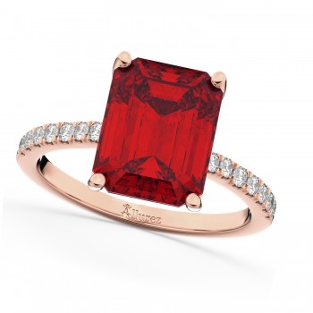 Emerald Cut Lab Ruby & Diamond Engagement Ring 14k Rose Gold (2.96ct)
