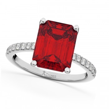 Emerald Cut Lab Ruby & Diamond Engagement Ring 14k White Gold (2.96ct)