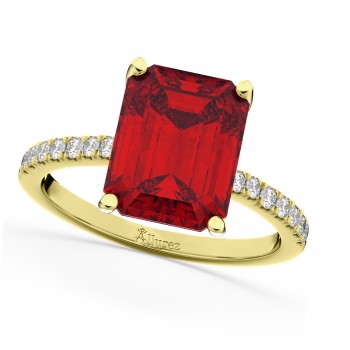 Emerald Cut Lab Ruby & Diamond Engagement Ring 18k Yellow Gold (2.96ct)