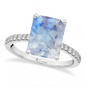 Emerald Cut Moonstone & Diamond Engagement Ring 14k White Gold (2.96ct)
