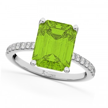 Emerald-Cut Peridot & Diamond Engagement Ring 14k White Gold (2.96ct)