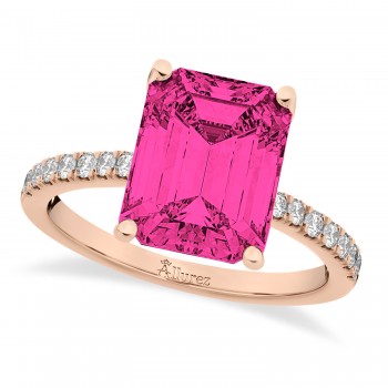 Emerald Cut Pink Tourmaline & Diamond Engagement Ring 14k Rose Gold (2.96ct)