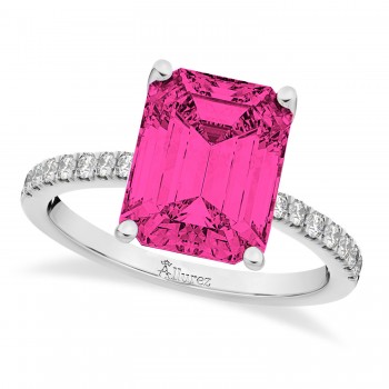 Emerald Cut Pink Tourmaline & Diamond Engagement Ring 14k White Gold (2.96ct)
