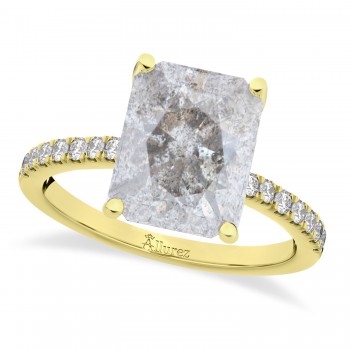 Emerald Cut Salt & Pepper & White Diamond Engagement Ring 14k Yellow Gold (2.96ct)
