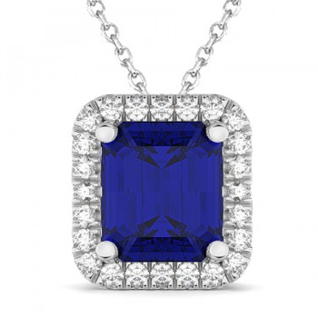 Emerald-Cut Blue Sapphire & Diamond Pendant 14k White Gold (3.11ct)