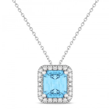 Emerald-Cut Blue Topaz & Diamond Pendant 14k White Gold (3.11ct)