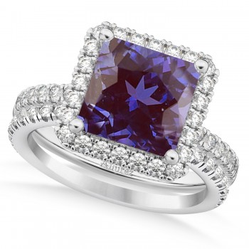 Lab Alexandrite & Diamonds Princess-Cut Halo Bridal Set 14K White Gold (3.74ct)