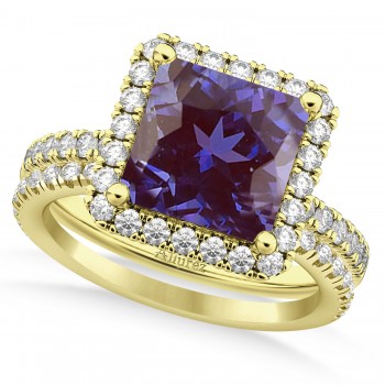 Lab Alexandrite & Diamonds Princess-Cut Halo Bridal Set 14K Yellow Gold (3.74ct)