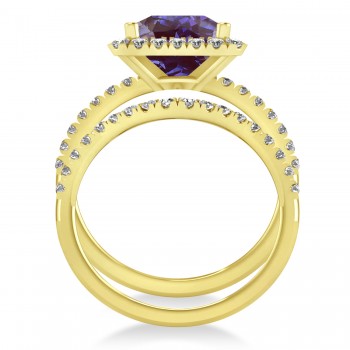 Lab Alexandrite & Diamonds Princess-Cut Halo Bridal Set 14K Yellow Gold (3.74ct)
