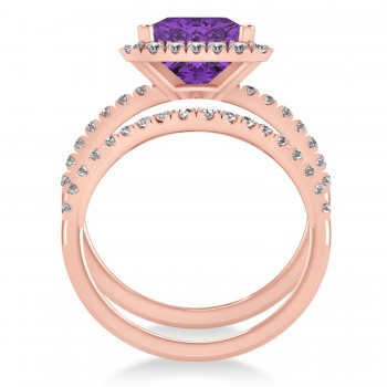 Amethyst & Diamonds Princess-Cut Halo Bridal Set 14K Rose Gold (3.74ct)