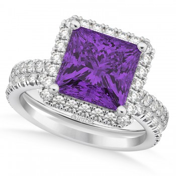 Amethyst & Diamonds Princess-Cut Halo Bridal Set 14K White Gold (3.74ct)