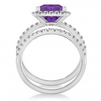 Amethyst & Diamonds Princess-Cut Halo Bridal Set 14K White Gold (3.74ct)