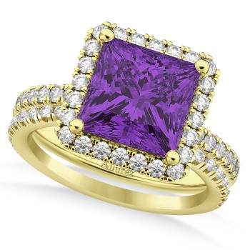 Amethyst & Diamonds Princess-Cut Halo Bridal Set 14K Yellow Gold (3.74ct)