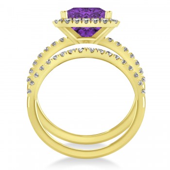 Amethyst & Diamonds Princess-Cut Halo Bridal Set 14K Yellow Gold (3.74ct)