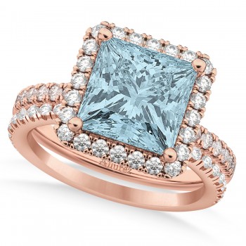 Aquamarine & Diamonds Princess-Cut Halo Bridal Set 14K Rose Gold (3.74ct)