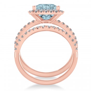 Aquamarine & Diamonds Princess-Cut Halo Bridal Set 14K Rose Gold (3.74ct)