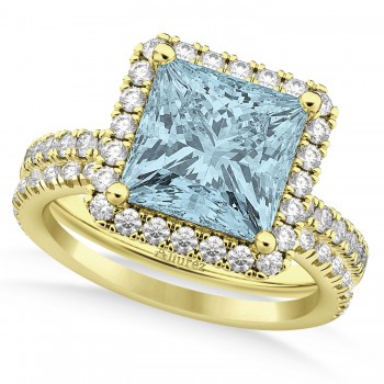 Aquamarine & Diamonds Princess-Cut Halo Bridal Set 14K Yellow Gold (3.74ct)