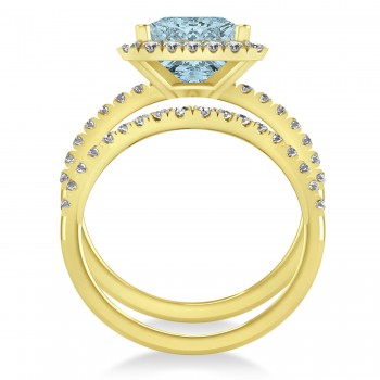 Aquamarine & Diamonds Princess-Cut Halo Bridal Set 14K Yellow Gold (3.74ct)