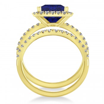 Blue Sapphire & Diamonds Princess-Cut Halo Bridal Set 14K Yellow Gold (3.74ct)