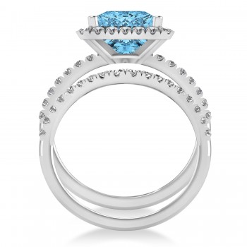 Blue Topaz & Diamonds Princess-Cut Halo Bridal Set 14K White Gold (3.74ct)